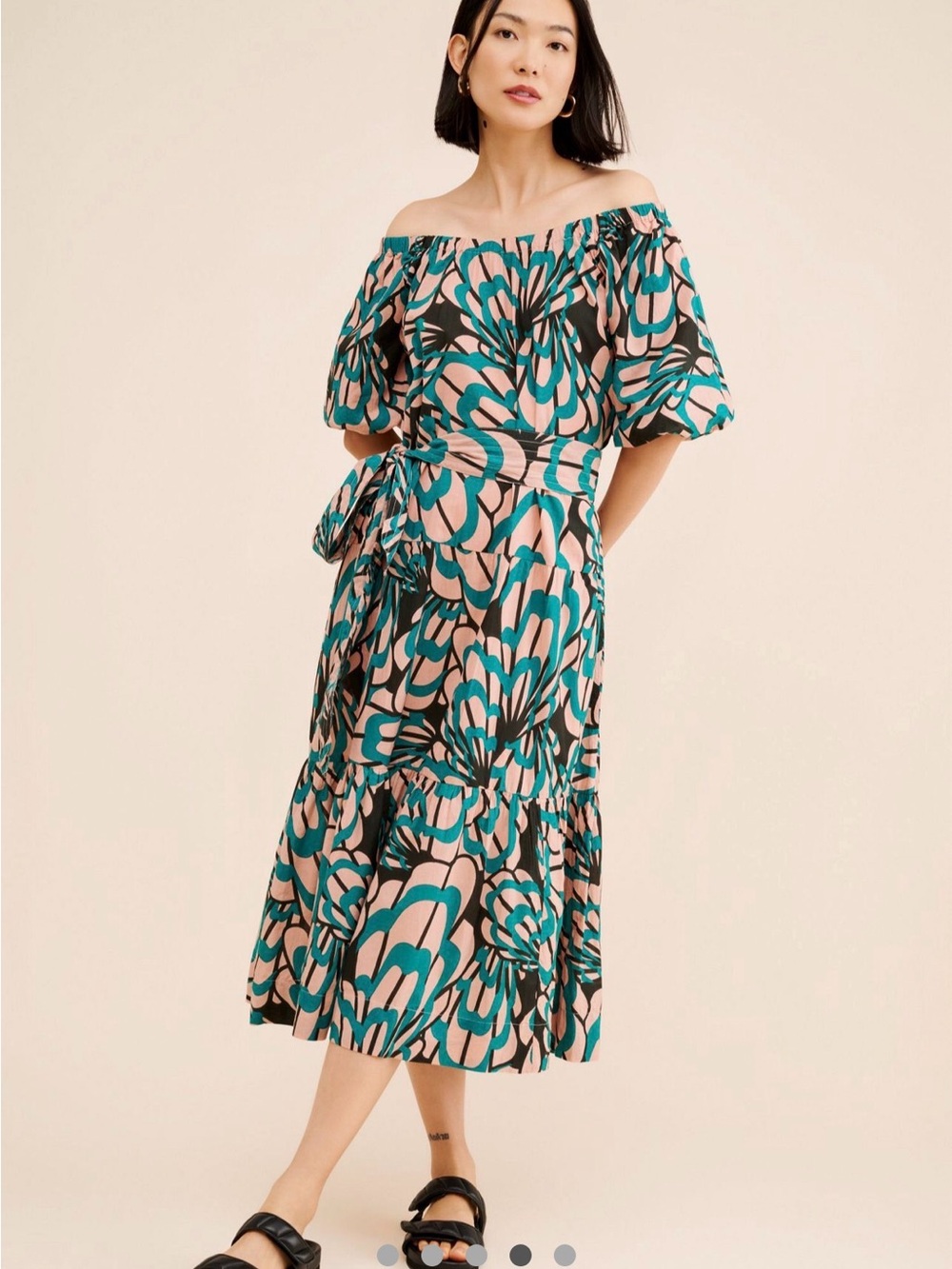 Anthropologie Mirth - Teal and Pink Off-Shoulder Floral Midi Dress
